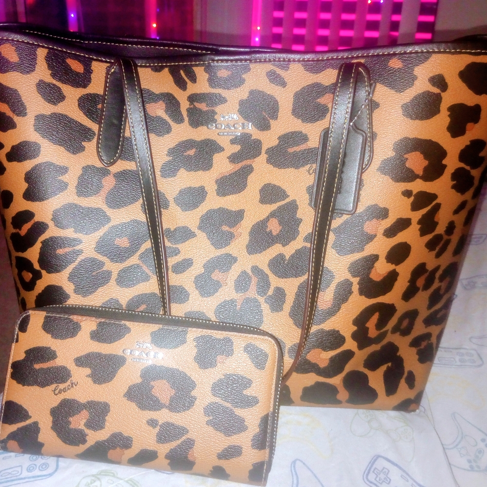 Coach Tan and Black Leopard Print Tote with Wallet